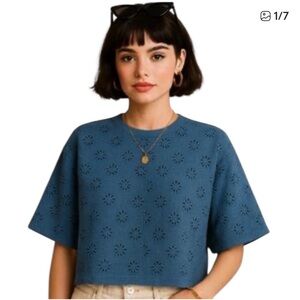 NEW MADEWELL Floral Embroidered Wide-Sleeve Boxy Tee Sun faded Blue size XS